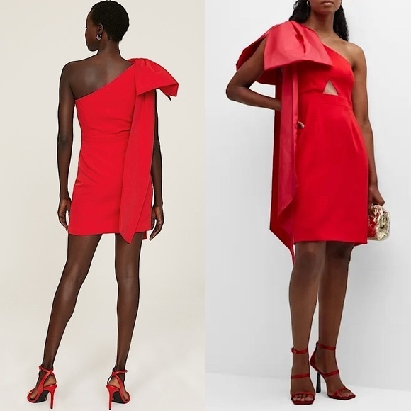 TOCCIN Red Bow‎ Detail One Shoulder Sleeveless Front Cutout Mini Sheath Dress 4 - Picture 3 of 8